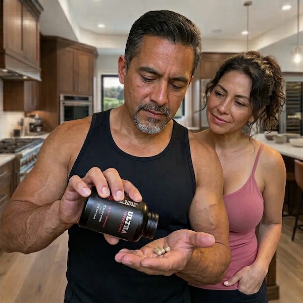 Man pouring Ultra Testosterone capsules into his hand beside his partner in the kitchen